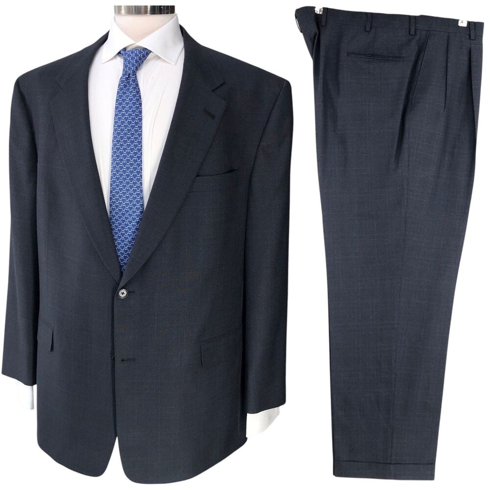 Hart Schaffner Marx HSM Suit Mens 48R Gold Trumpeter Charcoal Windowpane Wool